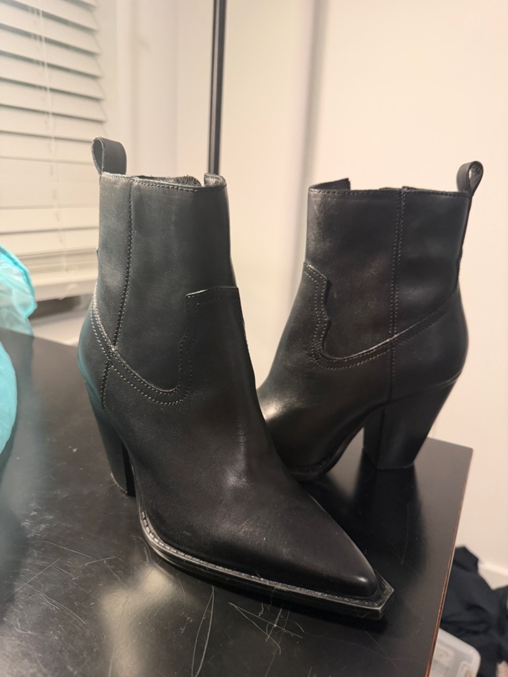 Mango Black Leather Pointed Ankle Booties